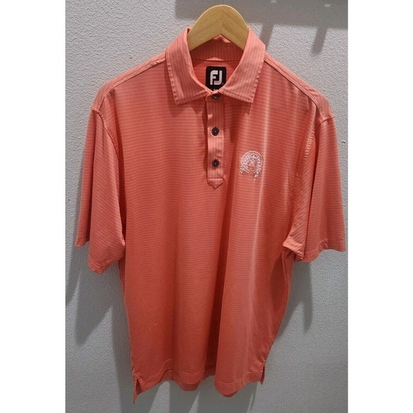Foot Joy Mens Polo Shirt Sz M Salmon Short Sleeve Striped Embroidered Logo Golf - Picture 2 of 12